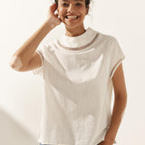100% Linen Gingham Checked Cutout Turtleneck Top CAROL