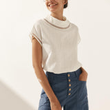 100% Linen Gingham Checked Cutout Turtleneck Top CAROL