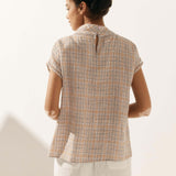 100% Linen Gingham Checked Cutout Turtleneck Top CAROL