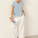 100% Linen Cap Sleeve Soft-Fold Collar Top YVONNE