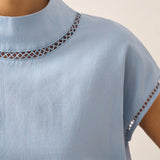 100% Linen Gingham Checked Cutout Turtleneck Top CAROL