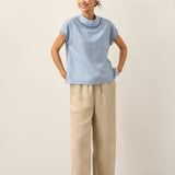 100% Linen Gingham Checked Cutout Turtleneck Top CAROL