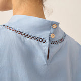 100% Linen Gingham Checked Cutout Turtleneck Top CAROL
