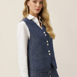 100% Linen Reversible Denim Texture Button Front Vest HARPER