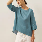 100% Linen Round Neck Asymmetrical Hem Top BRIANNA