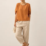 100% Linen Round Neck Petal-Sleeve Pullover LAUREL