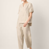100% Linen Tie Cuff Notched V-Neck Top LORAN