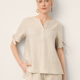 100% Linen Tie Cuff Notched V-Neck Top LORAN