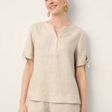 100% Linen Tie Cuff Notched V-Neck Top LORAN