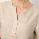 100% Linen Tie Cuff Notched V-Neck Top LORAN