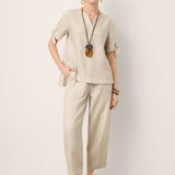 100% Linen Tie Cuff Notched V-Neck Top LORAN