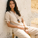 100% Linen Tie Cuff Notched V-Neck Top LORAN