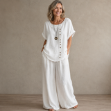 Women's Round Neck Solid Color Buttons Short Sleeves Blouse