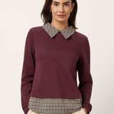 Cotton Plaid Panel Long Sleeve Top RAYNA