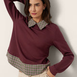 Cotton Plaid Panel Long Sleeve Top RAYNA