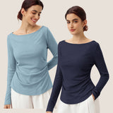 Wool Side Ruched Boat Neck Stretch Top VIVIEN