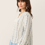 Linen Tribal Stripe Split Neck Bohemian Blouse KERENZA